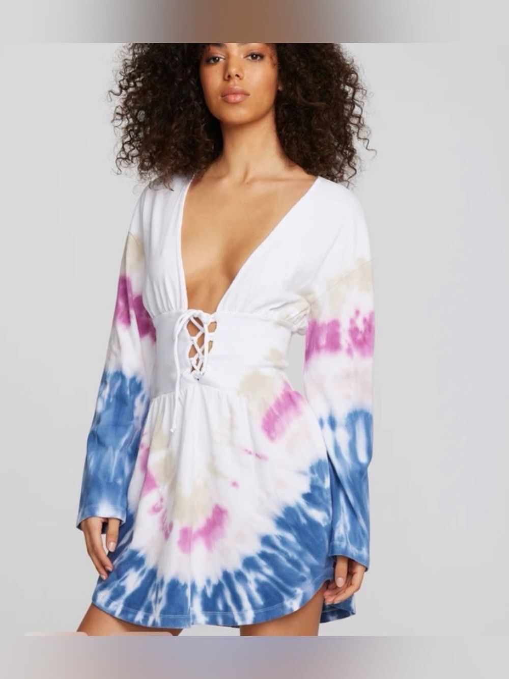 NWT Chaser Sz M Coast Cotton Jersey Long Sleeve Mini Dress Corset Tie dye